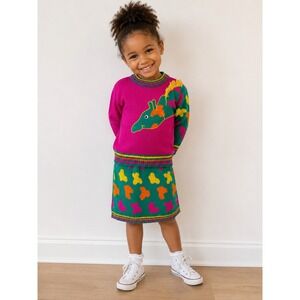 Vtg Miniwaves Kids Giraffe Knit Sweater Skirt Set S kidcore Kitsch 80s 90s‎